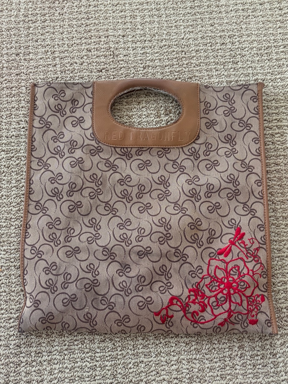 Tan and Cream Cutout Handle Tote